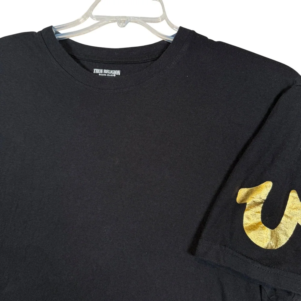 True‎ Religion Mens Large Black Gold Logo T Shirt Cotton Crew Neck Casual